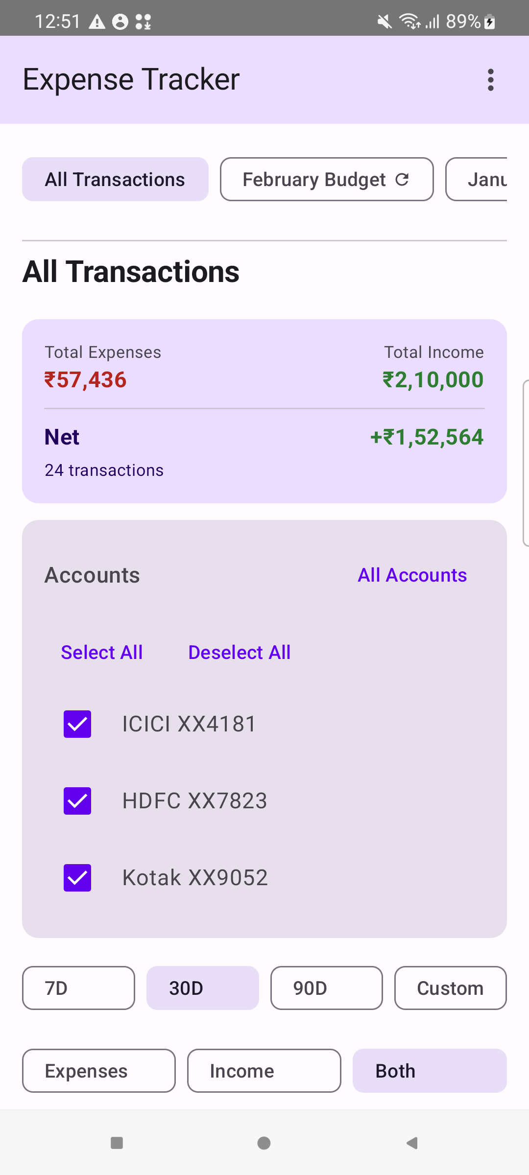 Multi-account filter showing automatically detected bank accounts: ICICI, HDFC, and Kotak