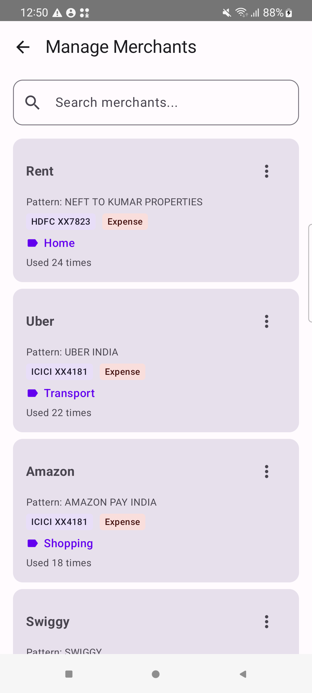 Same merchant Uber with separate rules for ICICI XX4181 and Kotak XX9052 accounts
