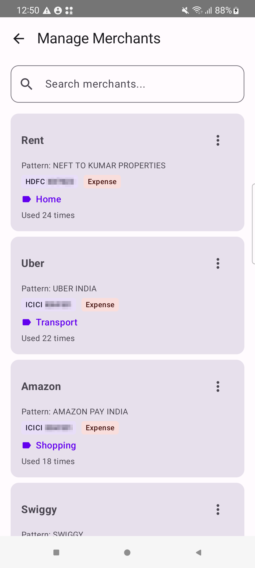 Same merchant Uber with separate rules for ICICI XX4181 and Kotak XX9052 accounts