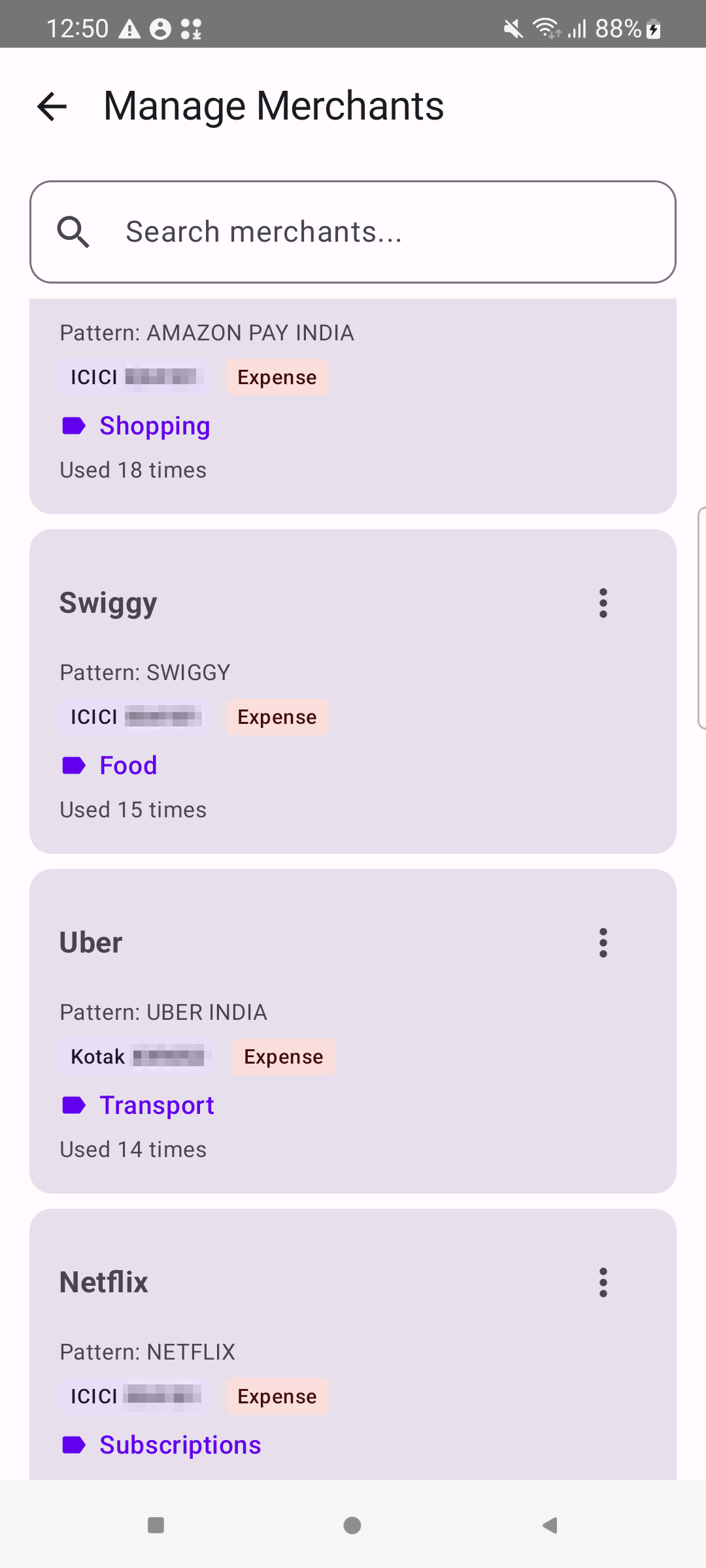 Manage Merchants screen showing pattern, bank account, category, and usage count