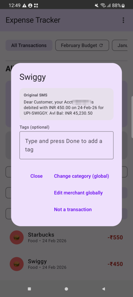 Transaction detail showing the original bank SMS